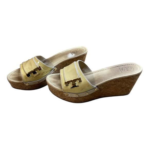 Tory Burch Wedge Sandals Platform Patent Leather Cork Yellow Size 10 M - Picture 1 of 16